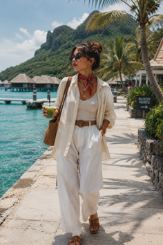 Woman in a white outfit and red bandana walking along a tropical resort boardwalk
