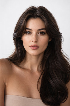 Woman with long dark hair and exposed shoulders looking directly at the camera