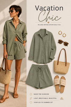 Woman in a green linen shirt and shorts with a straw bag and sandals