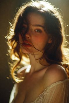 Woman with long hair and exposed shoulders in soft backlight