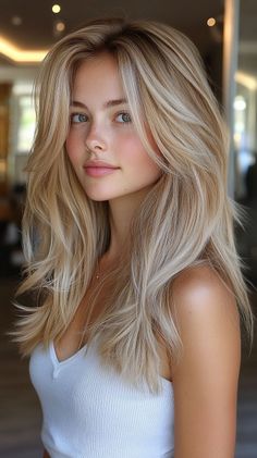 Woman with long blonde hair and freckles wearing a white tank top
