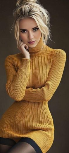 Blonde woman in a yellow turtleneck sweater with a messy bun