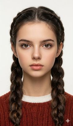 Young woman with braided brown hair wearing a red sweater, looking directly at the camera