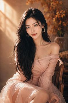 Woman with long dark hair wearing a pink off-shoulder dress and hoop earrings