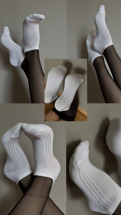 Feet wearing white socks and black tights with an anklet, shown in multiple views