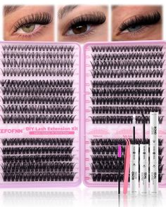 False eyelashes and an eyelash extension kit with three close-up eyes