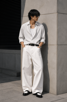 Man in a striped shirt and white wide-leg pants leaning against a wall