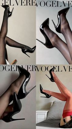 Multiple legs in high heels and stockings in a bedroom setting