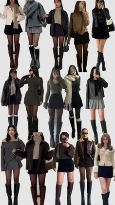 Multiple women showcasing various winter fashion outfits with mini skirts and boots