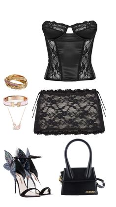 Collection of black lingerie and accessories including a corset, skirt, and heels