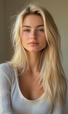 Blonde woman with green eyes and freckles wearing a white top and necklace