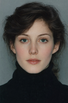 Woman with dark hair and green eyes wearing a black turtleneck