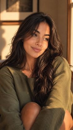 Woman with long dark hair in an olive green sweatshirt bathed in golden hour light