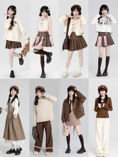 Eight women in various brown-toned outfits and berets posing in a studio