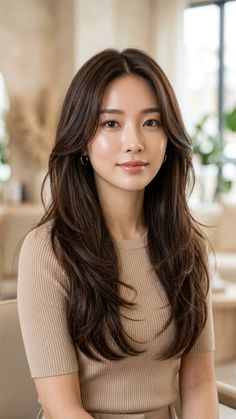 Woman with long, layered brown hair wearing a beige top indoors