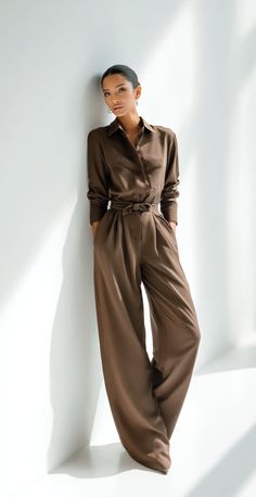 Woman in a brown jumpsuit leaning against a white wall with soft lighting