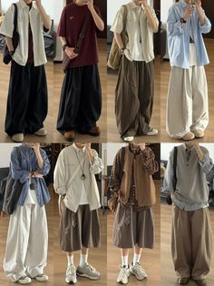Multiple people showcasing various casual outfits with loose-fitting clothing and wide-leg pants