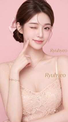 Woman in a lace top with a pink bow in her hair, winking at the camera