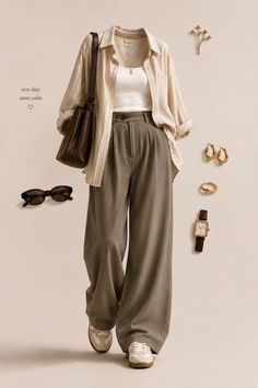 Casual outfit with wide leg pants, striped shirt, and accessories
