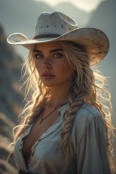 Woman with blonde braids and a cowboy hat in an open shirt with cleavage