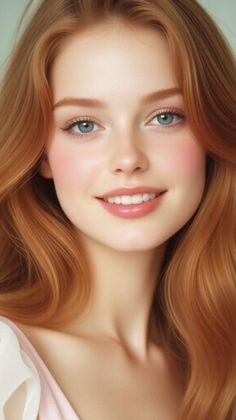 Smiling woman with long red hair and blue eyes in a soft-lit portrait