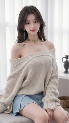 Woman with long hair wearing an off-shoulder sweater and denim skirt