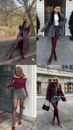 Four women showcasing different autumn fashion outfits with skirts and tights