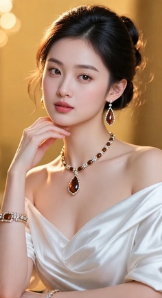 Woman with an updo hairstyle wearing an off-shoulder dress and jewelry