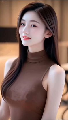 Woman with long brown hair wearing a sleeveless brown top indoors