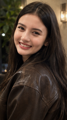 Woman with long dark hair smiling and wearing a brown leather jacket indoors