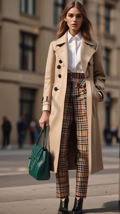 Woman in a trench coat and plaid pants holding a green handbag on a street