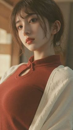 Woman in a red top and white cardigan with soft lighting