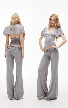 Two full body shots of a woman in a gray top and bell bottom pants