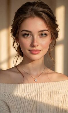 Woman with brown hair and green eyes wearing an off-shoulder top and necklace