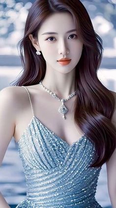 Woman with long brown hair wearing a sparkly blue dress and jewelry