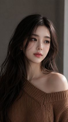 Woman with long dark hair wearing an off-shoulder brown sweater