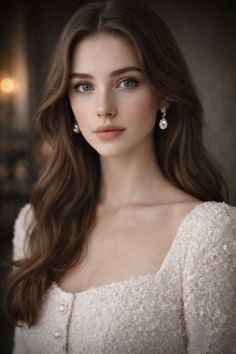 Woman with long wavy hair and blue eyes wearing a white textured dress and diamond earrings