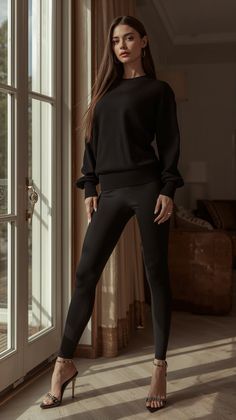 Woman in a black sweater and leggings standing by a window with soft lighting