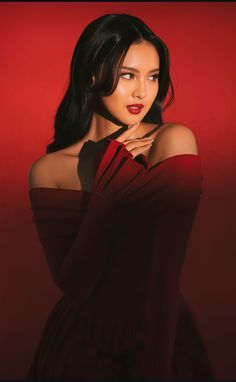 Woman in a red off-shoulder dress with dramatic lighting against a red background
