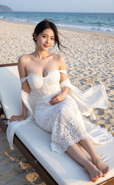 Woman in a white lace dress sitting on a lounge chair on a beach