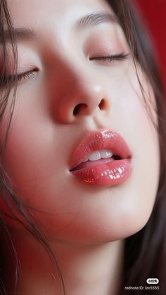 Close up of a person's face with glossy pink lips and closed eyes