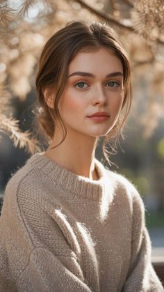 Woman with brown hair wearing a knitted sweater outdoors with soft lighting