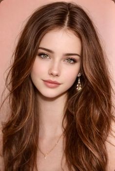 Young woman with long brown hair and green eyes wearing earrings and a necklace