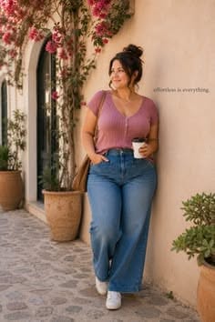 Woman in wide leg jeans and a pink top holding a coffee cup outdoors