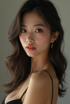 Woman with long dark hair and earrings, showing cleavage and exposed skin