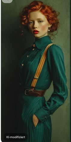 Woman with red hair in a green dress with suspenders and red lipstick