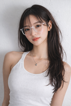 Woman with long dark hair and glasses wearing a white tank top and silver necklace