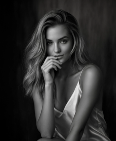 Woman with long wavy blonde hair in a satin top, shot in black and white