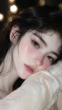 Close up portrait of a woman with dark hair and flushed cheeks