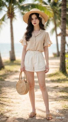 Woman in a straw hat and summer outfit on a beach path